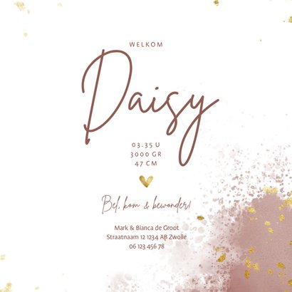 Geboortekaartje gouden spetters met oudroze waterverf 3