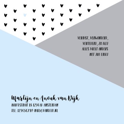 Geboortekaartje grafisch hartjes fotostrip lichtblauw 2