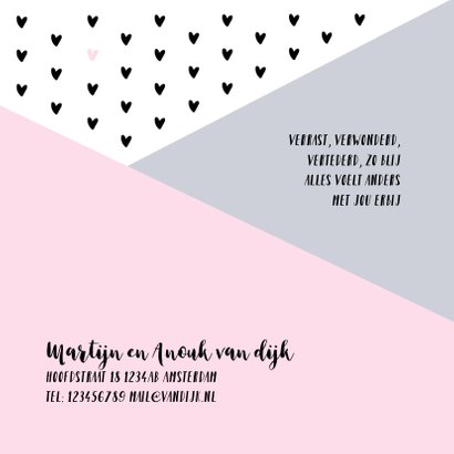 Geboortekaartje grafisch hartjes fotostrip roze 2