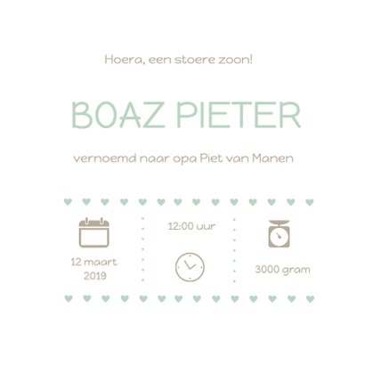 Geboortekaartje groen hart Boaz 3