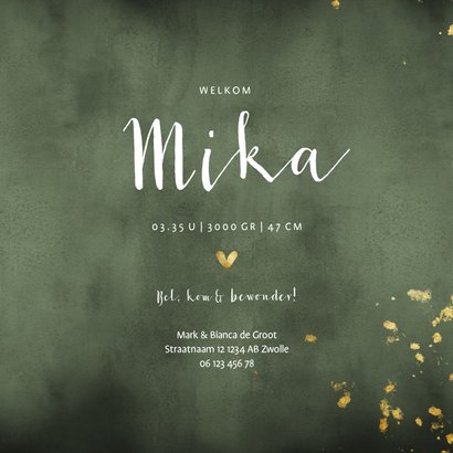 Geboortekaartje groene waterverf gouden spetters 3