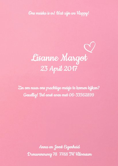 Geboortekaartje hartje label kralen roze 3
