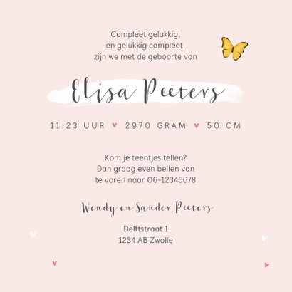 Geboortekaartje hartjes foto vlinder bloemen lief 3