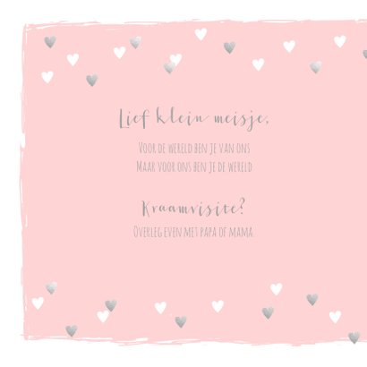 Geboortekaartje hartjes hip roze en zilver 2