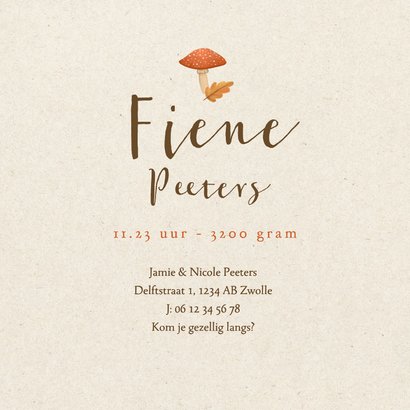 Geboortekaartje herfst paddestoelen papierstructuur hartje Achterkant
