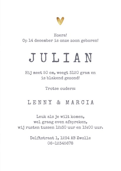 Geboortekaartje hip stippen hartjes foto goud 3