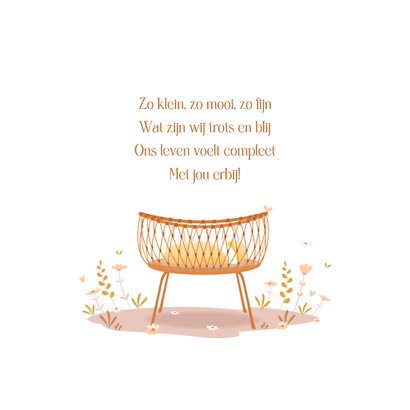 Geboortekaartje illustratie rotan wiegje pas geboren kindje 2