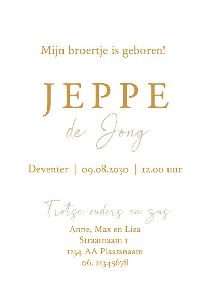 Geboortekaartje illustratie zus met baby op schoot goud 3