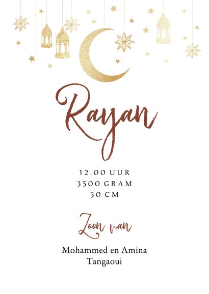 Geboortekaartje islamitisch goudlook lantaarn maan sterren 3
