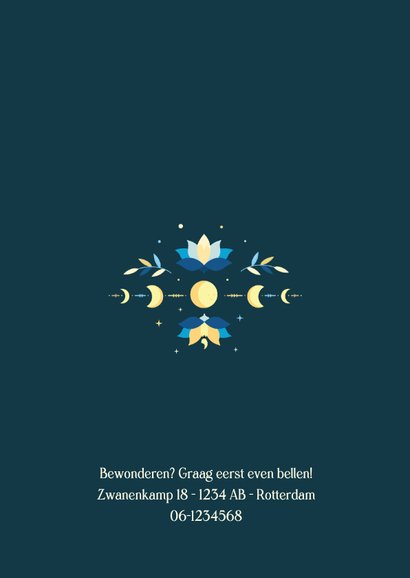 Geboortekaartje jongen astrologie met maan & zon symboliek Achterkant