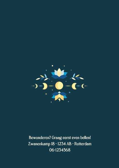 Geboortekaartje jongen astrologie met maan & zon symboliek Achterkant