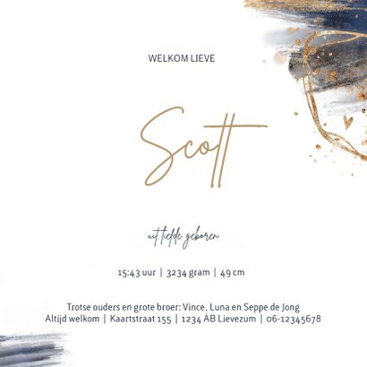 Geboortekaartje jongen blauw aquarel goudlook 3