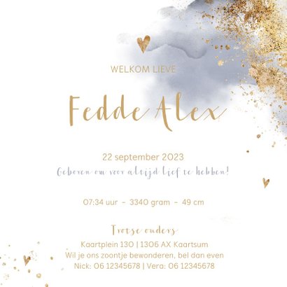 Geboortekaartje jongen Clean aquarel goudlook poeder 3