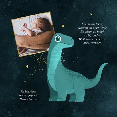 Geboortekaartje jongen dino Brontosaurus goud hartjes 2