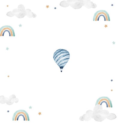 Geboortekaartje jongen foto wolkjes luchtballon regenboog Achterkant