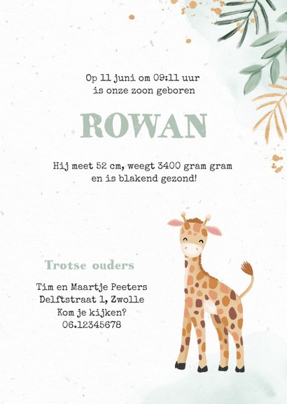 Geboortekaartje jongen giraf botanisch goud waterverf 3