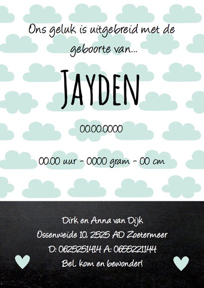 Geboortekaartje jongen hartje wolkjes mint 3
