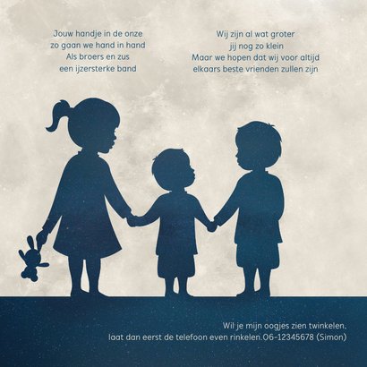 Geboortekaartje jongen Maan met silhouet van 3 kinderen 2