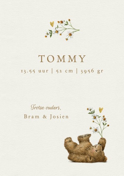 Geboortekaartje jongen met beertje en bloem met hartjes 3