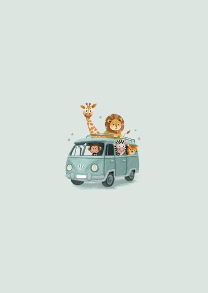 Geboortekaartje jongen met dieren in een busje Achterkant