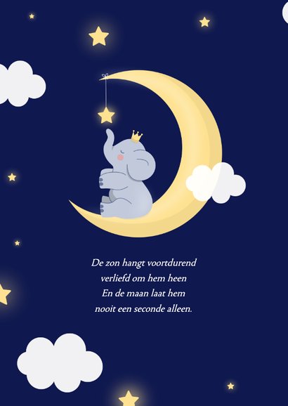 Geboortekaartje jongen met olifantje op maan met sterretjes 2
