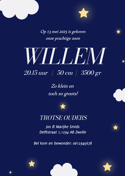 Geboortekaartje jongen met olifantje op maan met sterretjes 3