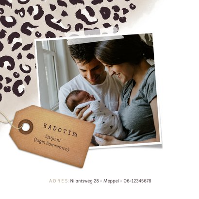 Geboortekaartje jongen met taupe panterprint en foto 2