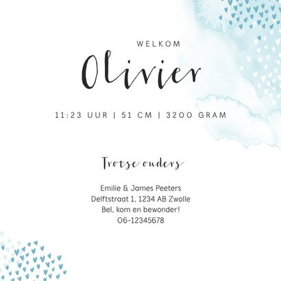 Geboortekaartje jongen olifant waterverf hartjes blauw 3