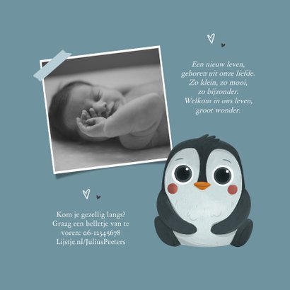 Geboortekaartje jongen pinguin hartjes lief 2