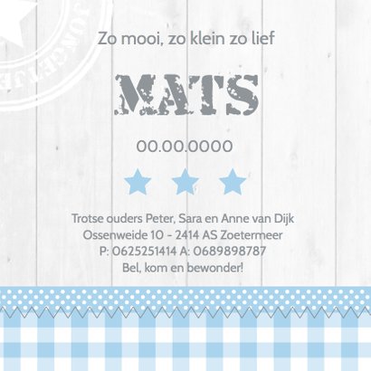 Geboortekaartje jongen ster ruitjes hout 3