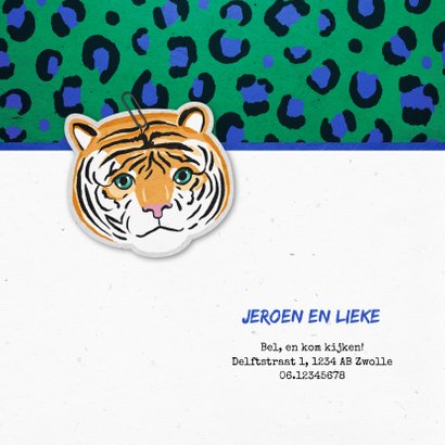 Geboortekaartje jongen stoer tijger panterprint groen blauw 2