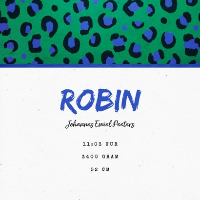 Geboortekaartje jongen stoer tijger panterprint groen blauw 3
