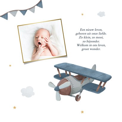 Geboortekaartje jongen stoer wit sterren goud vliegtuig 2