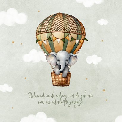 Geboortekaartje jongen vintage luchtballon olifantje lief 2