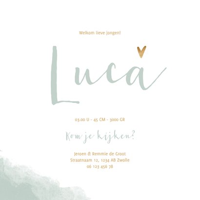 Geboortekaartje jongen waterverf met gouden hartje 3