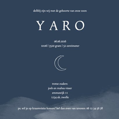 Geboortekaartje jongen waterverf met maantje 3