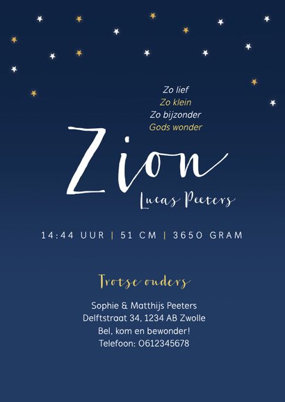 Geboortekaartje jongen wereld sterren vallende sterrenhemel 3