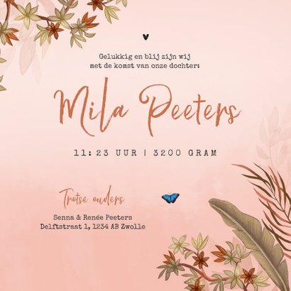Geboortekaartje jungle meisje koala beer vlinders 3