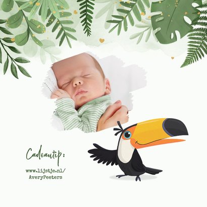 Geboortekaartje jungle toekan stoer hartjes goud 2