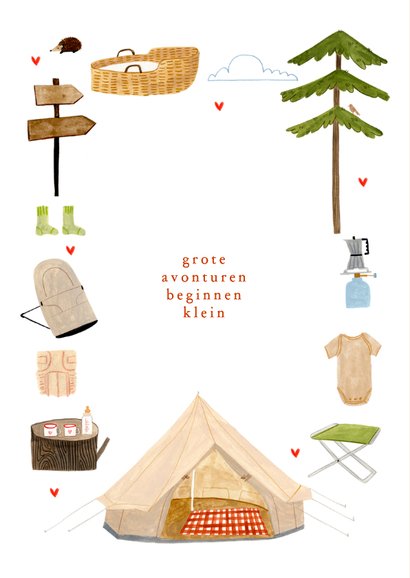 Geboortekaartje kamperen tent, hartjes en baby spulletjes 2
