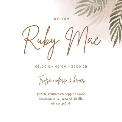 Geboortekaartje kangoeroe met jungle bladeren en waterverf 3