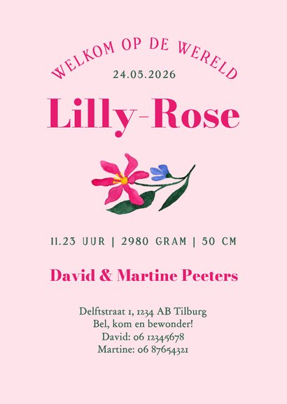 Geboortekaartje kleurrijk bloemen grafisch waterverf roze 3