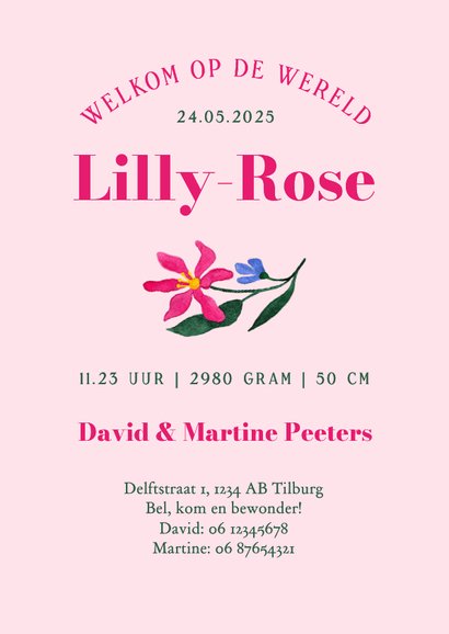 Geboortekaartje kleurrijk bloemen grafisch waterverf roze 3