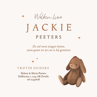 Geboortekaartje knuffelkonijn vintage speelgoed unisex 3