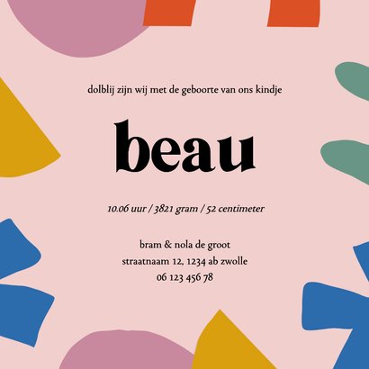 Geboortekaartje kunstzinnig abstracte vormen kleuren Achterkant