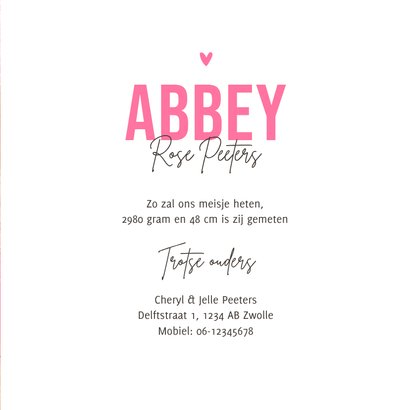 Geboortekaartje kunstzinnig roze verf abstract Achterkant