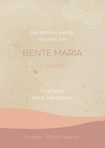 Geboortekaartje landschap met zon en konijntje roze 3