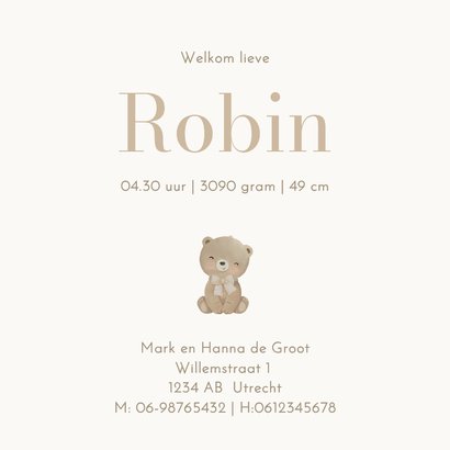 Geboortekaartje lief beertje met strikje beige 3