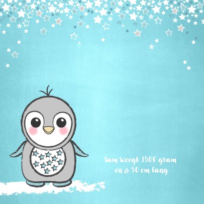 Geboortekaartje lief blauw kaartje met een pinguïn 2
