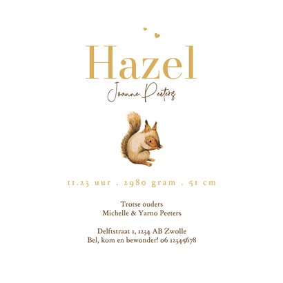 Geboortekaartje lief eekhoorn herfst hartjes goud 3